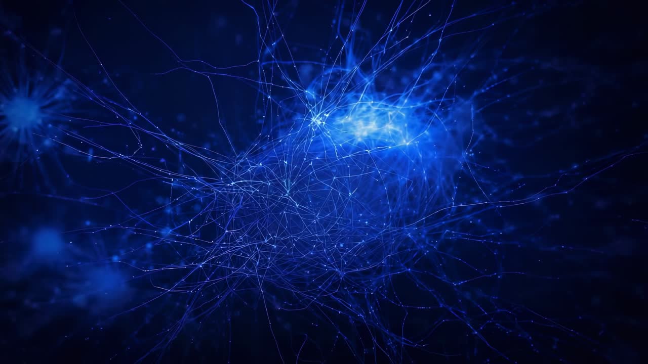 Opening on void revealing luminescent filament network pulsing with glowing nodes flickering lights