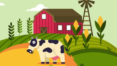 farm scene with cow and barn