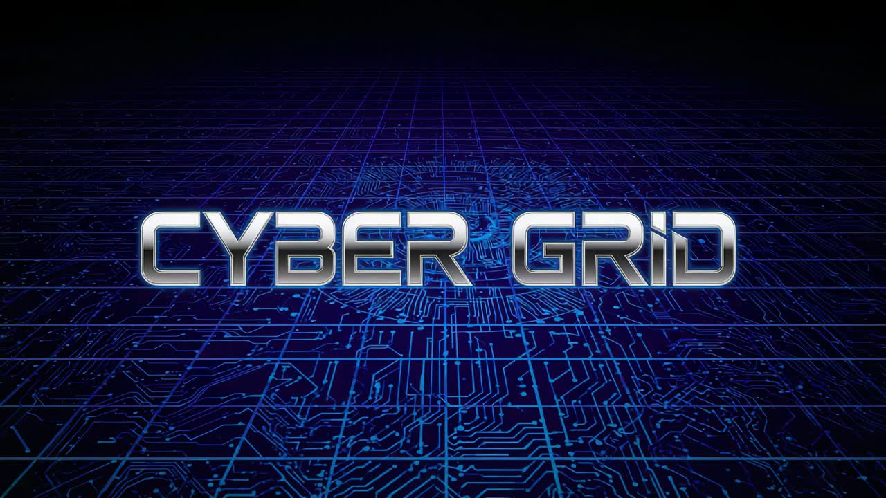 Starting from blue circuit grid, animation revealing centered chrome CYBER GRID with pulsing nodes