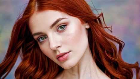 a woman with striking red hair and captivating green eyes poses against a soft, blurred background. her expression exudes confidence and allure, capturing the viewer's attention. the lighting highlights her features, enhancing the warmth of her hair and the brightness of her gaze. this moment emphas