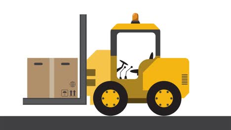 una pequeña carretilla elevadora lleva una caja de cartón