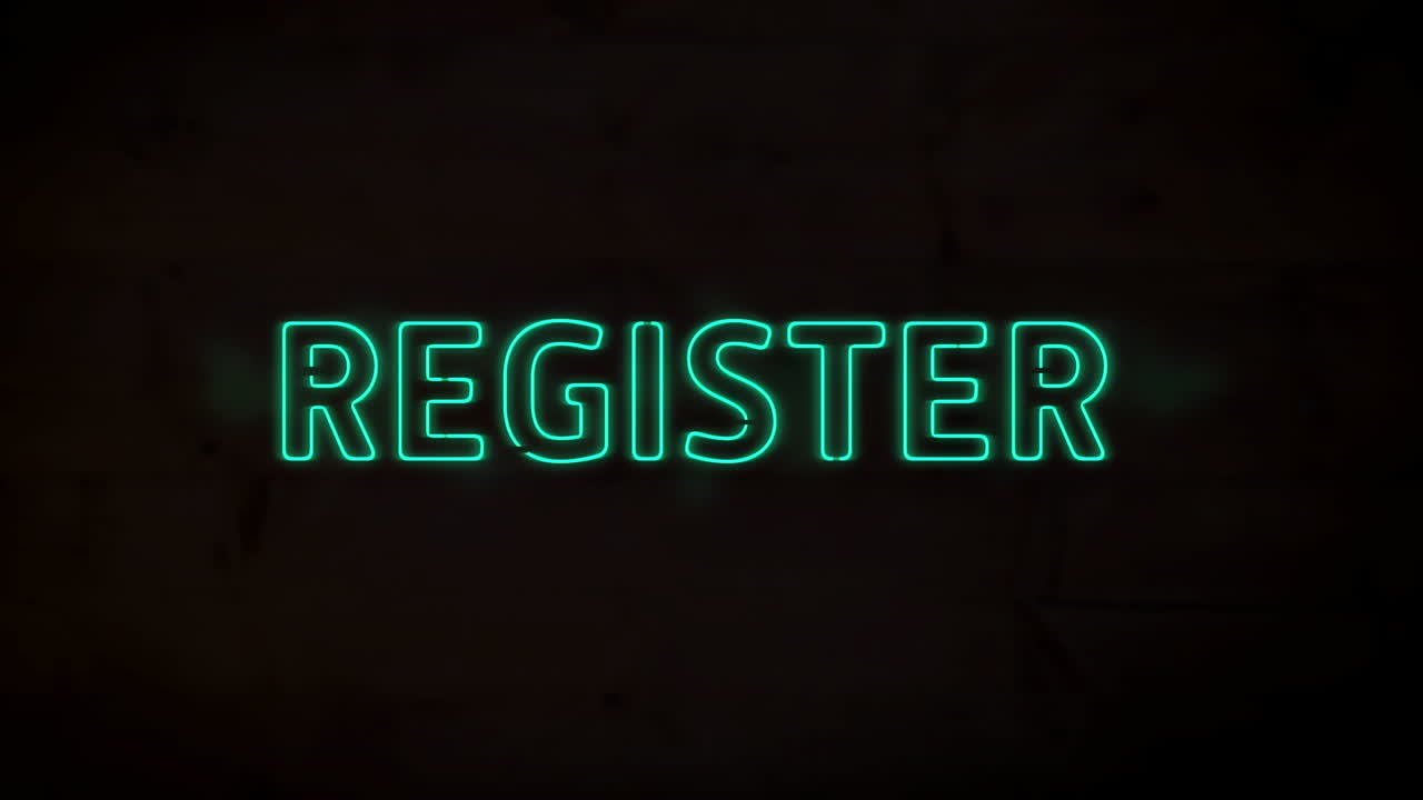 Animation of neon green register text banner against black background