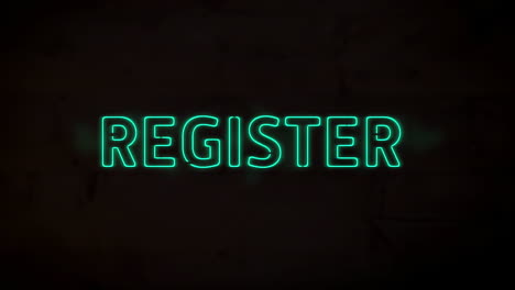 animation of neon green register text banner against black background