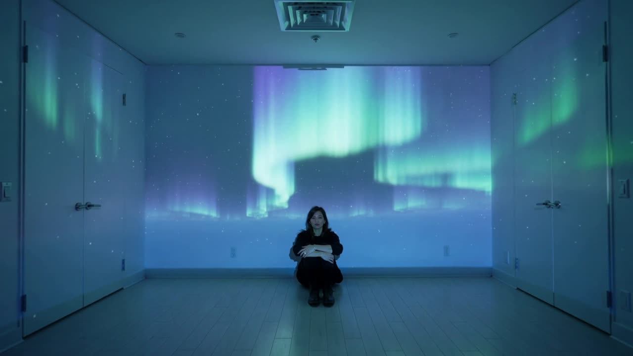 Vidéo verticale : Une femme en débardeur, tablette sur les genoux, regarde un spectacle d'aurores commencer dans un petit studio.