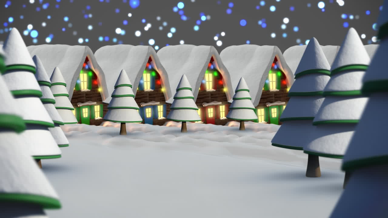 요정의 불빛으로 집 위에 내리는 눈의 애니메이션