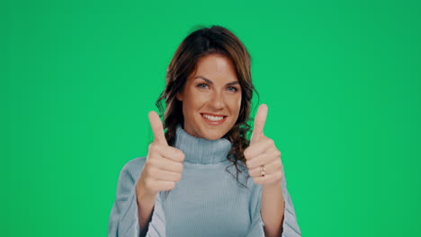 Woman,-face-and-smile-with-thumbs-up-for-winning