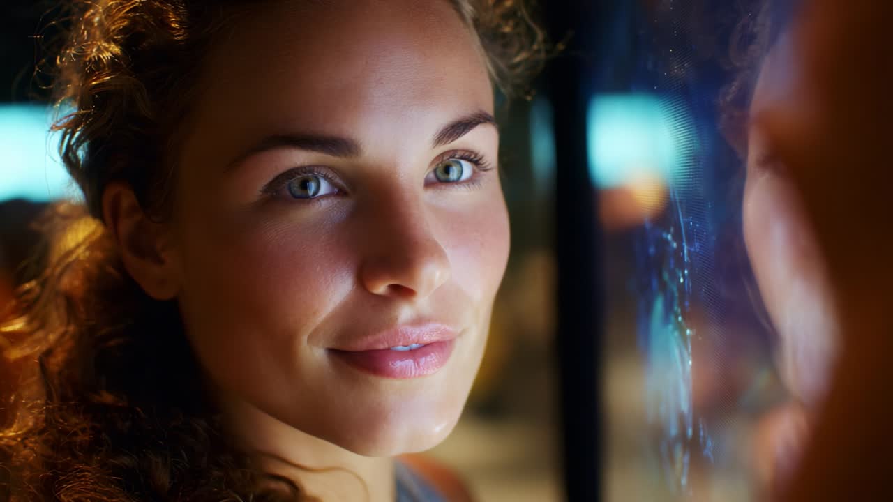 A close-up exploration of a woman's radiant smile and engaging expression, reflecting wonder and curiosity as she gazes intently through a glass surface, creating a captivating moment frozen in time
