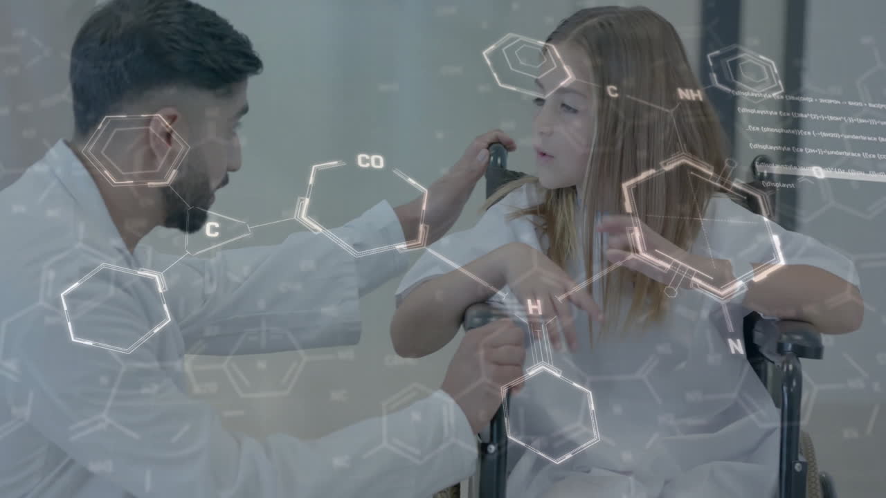 화학적 구조와 분자 공식 - 어린 환자를 검사하는 의사에 대한 애니메이션