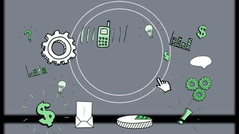 animación de iconos digitales sobre círculos sobre fondo gris