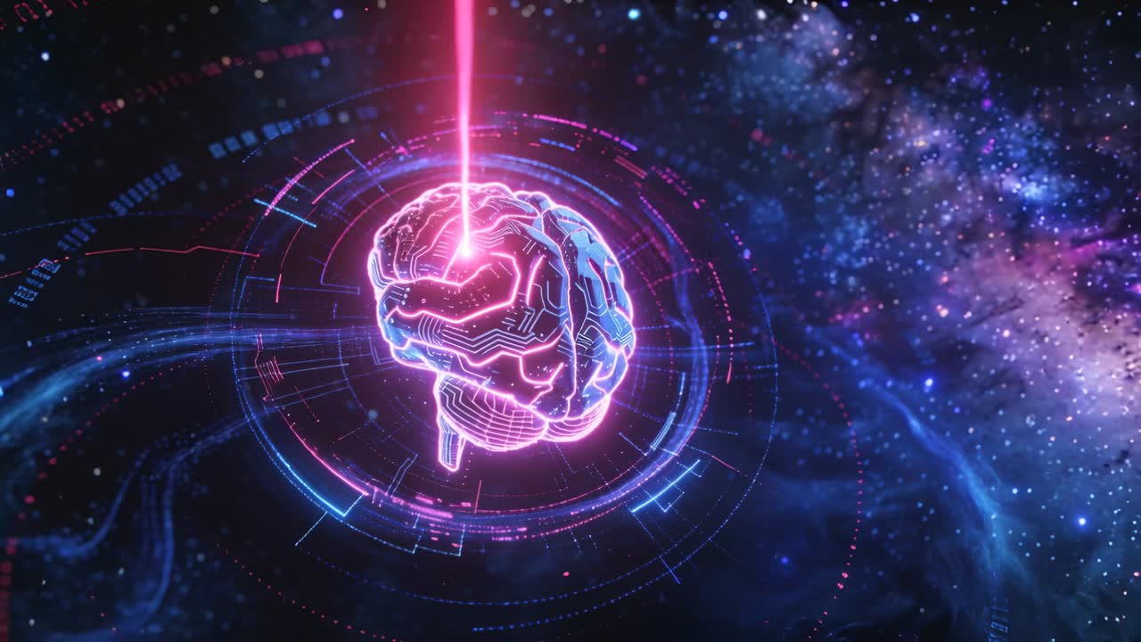 Responding to pink laser from upper-right, neon brain pulsing and splitting pink-cyan in space HUD