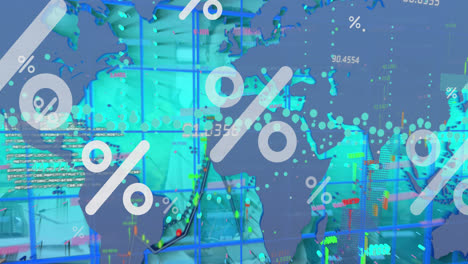 Animation-of-percents,-world-map-and-graphs-over-green-digital-screen