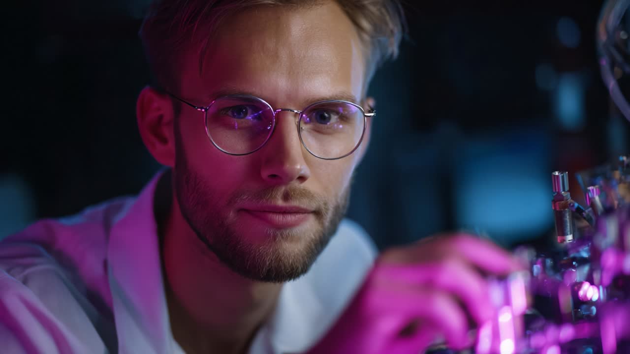 A focused young researcher with glasses studies an elaborate scientific apparatus illuminated by colorful lights, revealing both concentration and curiosity in a modern lab environment