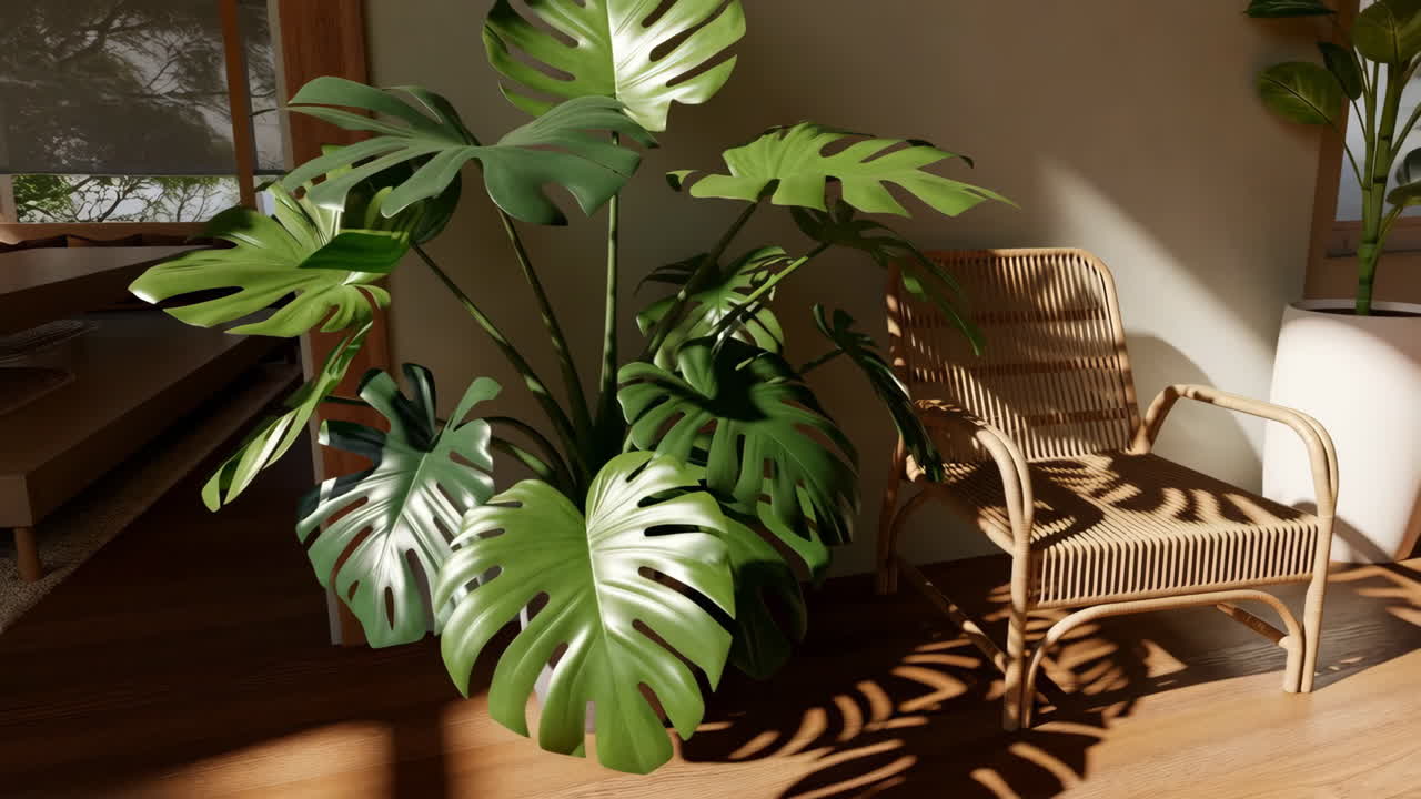 Piante da interno e sedia in rattan in una stanza soleggiata