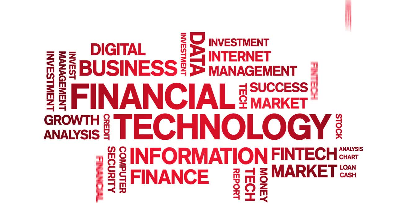 tecnologia finanziaria 4k tag animata nuvola di parole, animazione di testo ciclo senza soluzione di continuità.