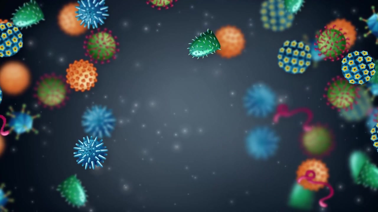 Colorful 3D microscopic pathogens float and drift through a dark fluid environment with glowing particles.