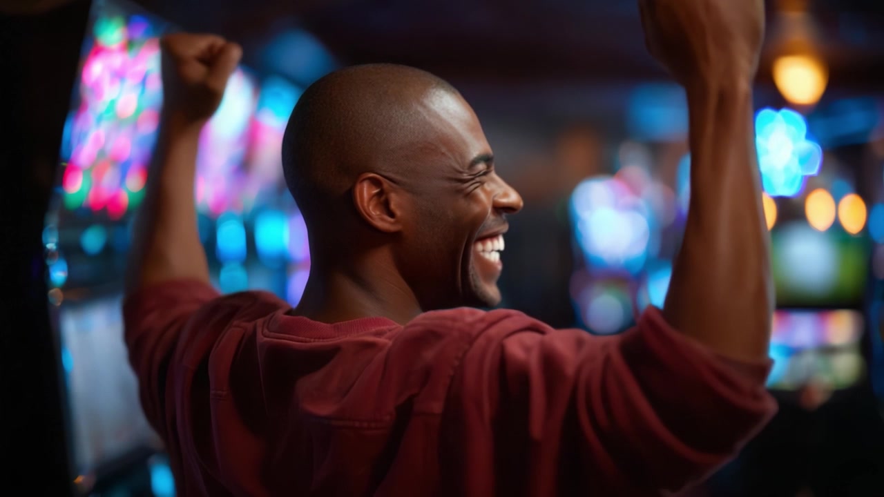 Uma celebração alegre capturada em dois quadros, mostrando um homem exalando entusiasmo e triunfo, com luzes vibrantes de um ambiente de jogos ao fundo