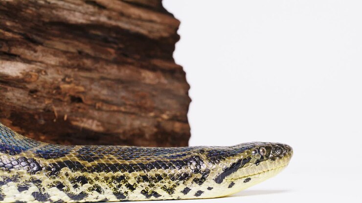 Anaconda gialla, primo piano del profilo del muso su sfondo bianco