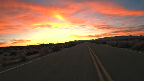 stunning golden sunset while driving through the mojave desert with joshua trees in silhouette