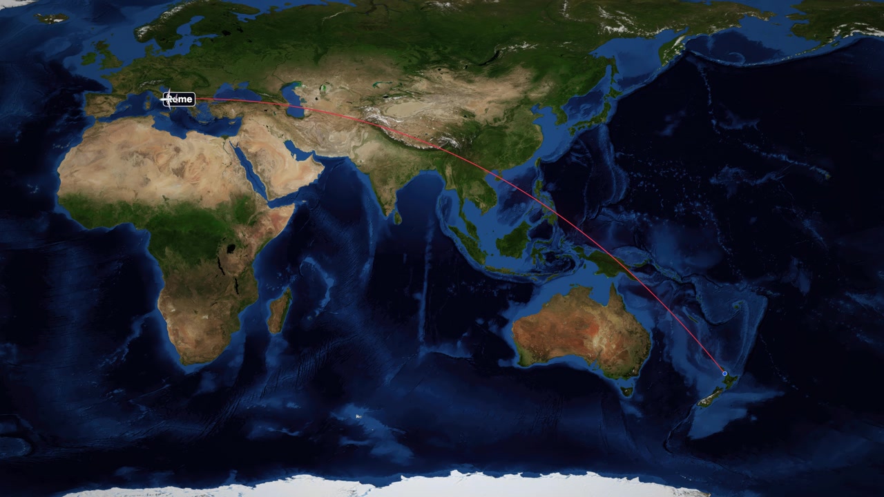 Red line tracks airplane flight route from Auckland to Rome on satellite world map