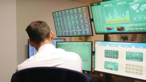 businessman in home office at night checking the stock market