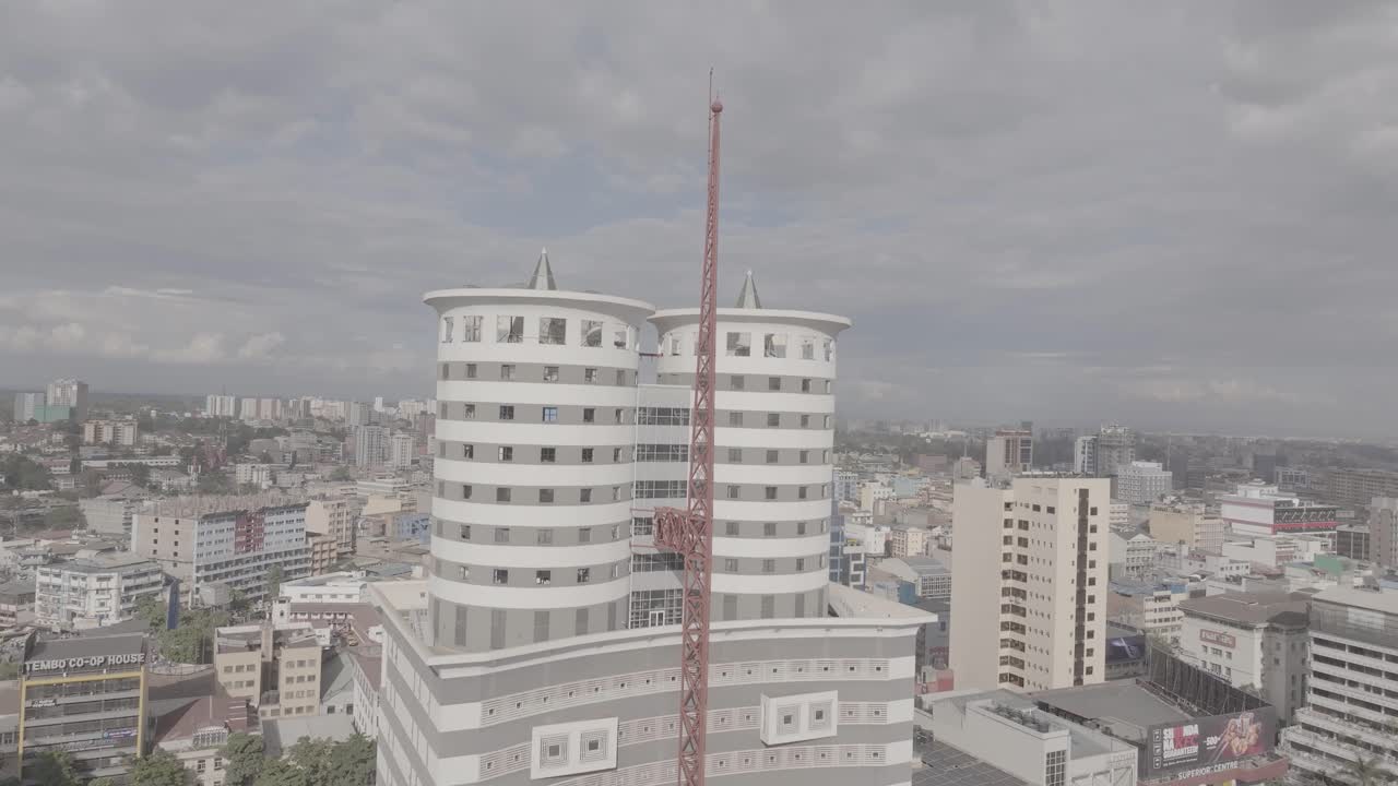 An aerial view of Nation center, Nairobi Kenya from a drone perspective