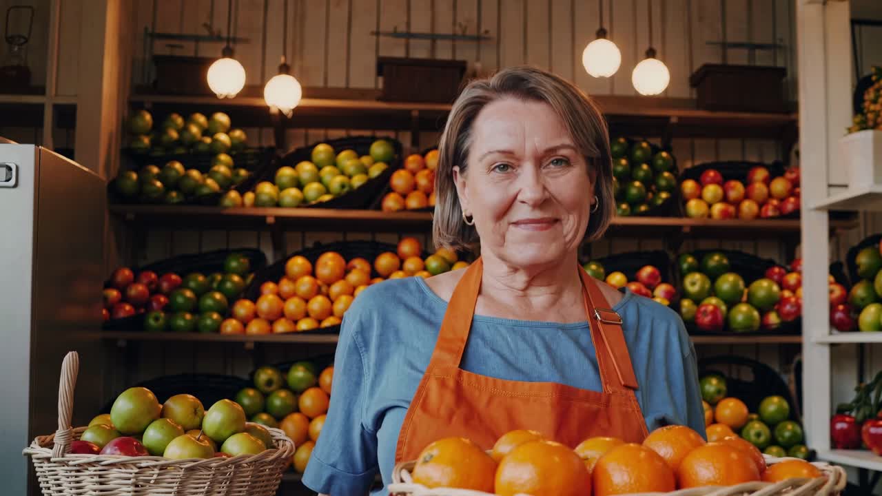 A friendly woman in an apron smiles at the camera in a fruit shop