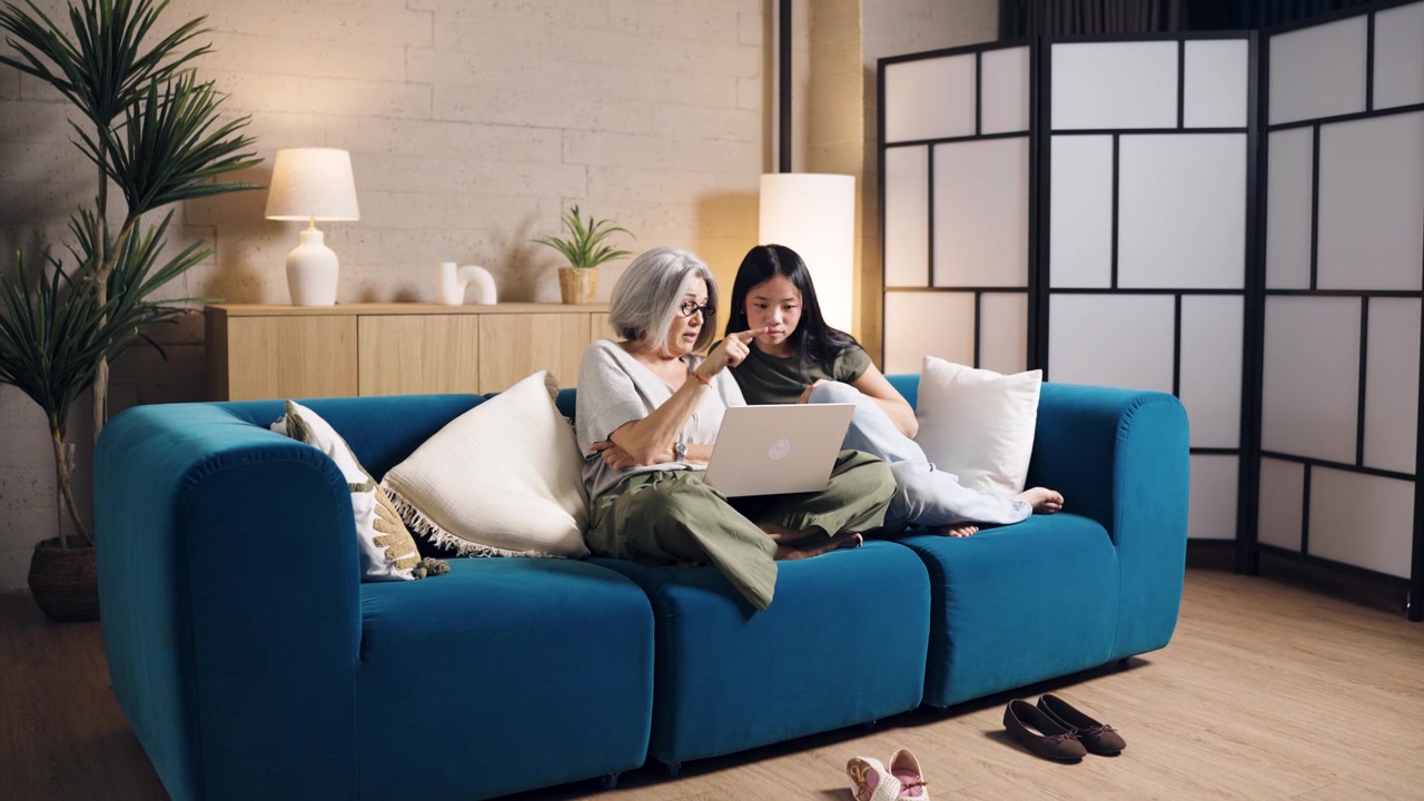 Senior Woman and Young Woman Using Laptop on Sofa