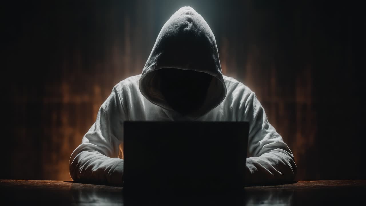Una figura misteriosa con una felpa con cappuccio profondamente concentrata su uno schermo di computer, circondata da ombre e un bagliore inquietante, che evoca un'aria di intrigo e suspense.