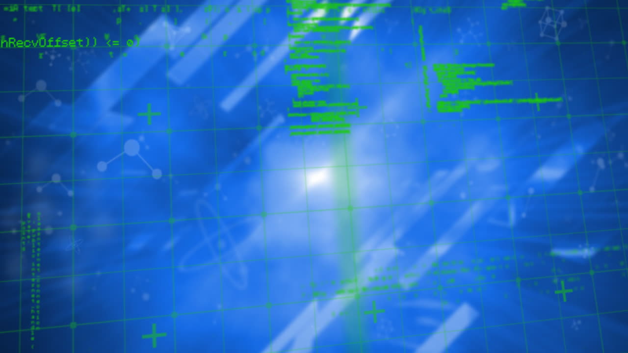 Animation of digital data and coding elements over blue grid background