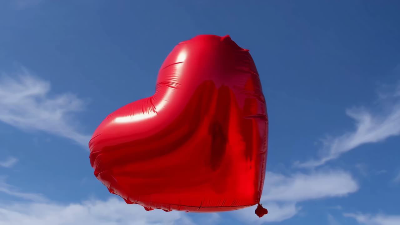 A video of a red heart-shaped balloon floating against a clear blue sky, symbolizing love