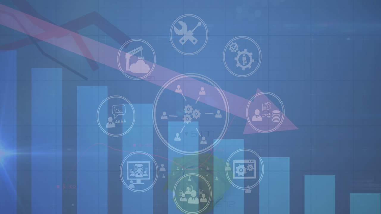 animación de la red de iconos digitales y procesamiento de datos estadísticos contra un fondo azul