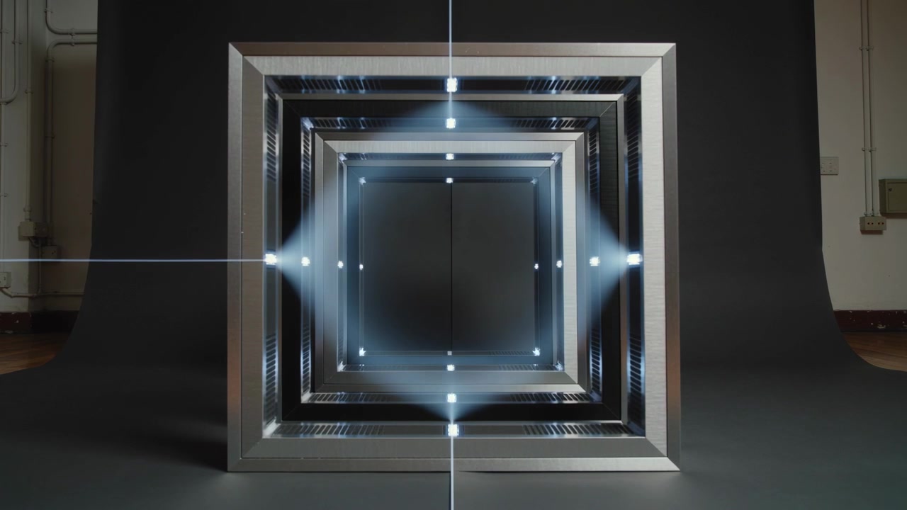 Sending beam across center, forming diamond haze, nested metal frames catching LEDs on studio drape