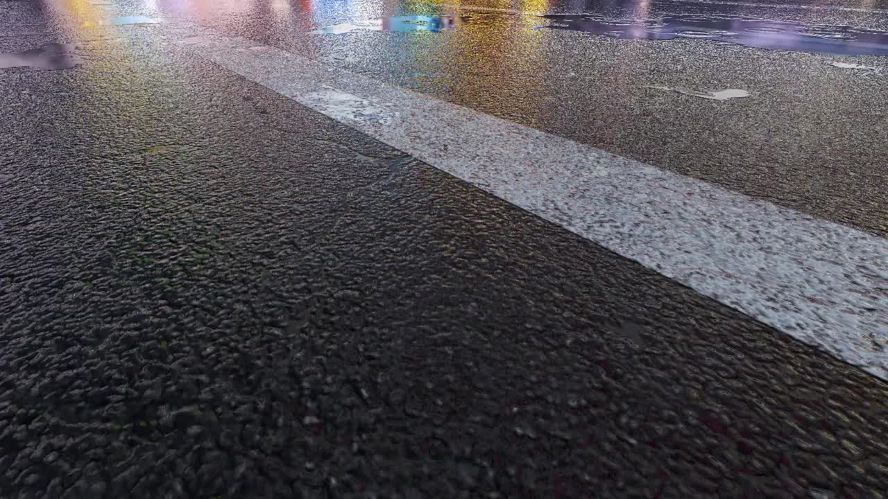 3D Heavy Rain Hitting Road At Night - 4K Realistic Rain Particle (Loopable) - Rainy Day on a colorful street with traffic - Wet Road At Night - Low angle shot of in the rain - Rainfall And Reflection On Road - Loopable Moving Image - Nevada - Las Vegas