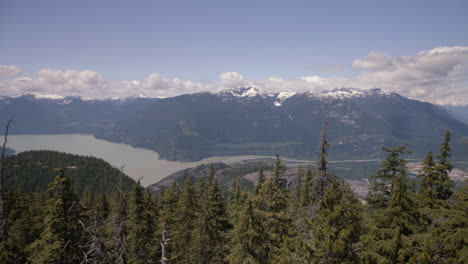 Amplia-Toma-Panorámica-Del-Sonido-De-Howe-En-Un-Día-Soleado-De-Primavera,-Más-Bosque-En-Primer-Plano