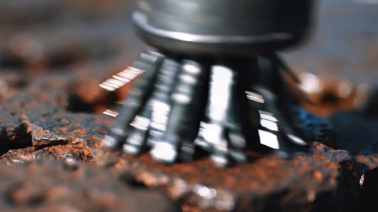 Ativando ferramenta elétrica, escova de arame rotativa tipo copo removendo ferrugem de chapa de metal enferrujada na bancada.