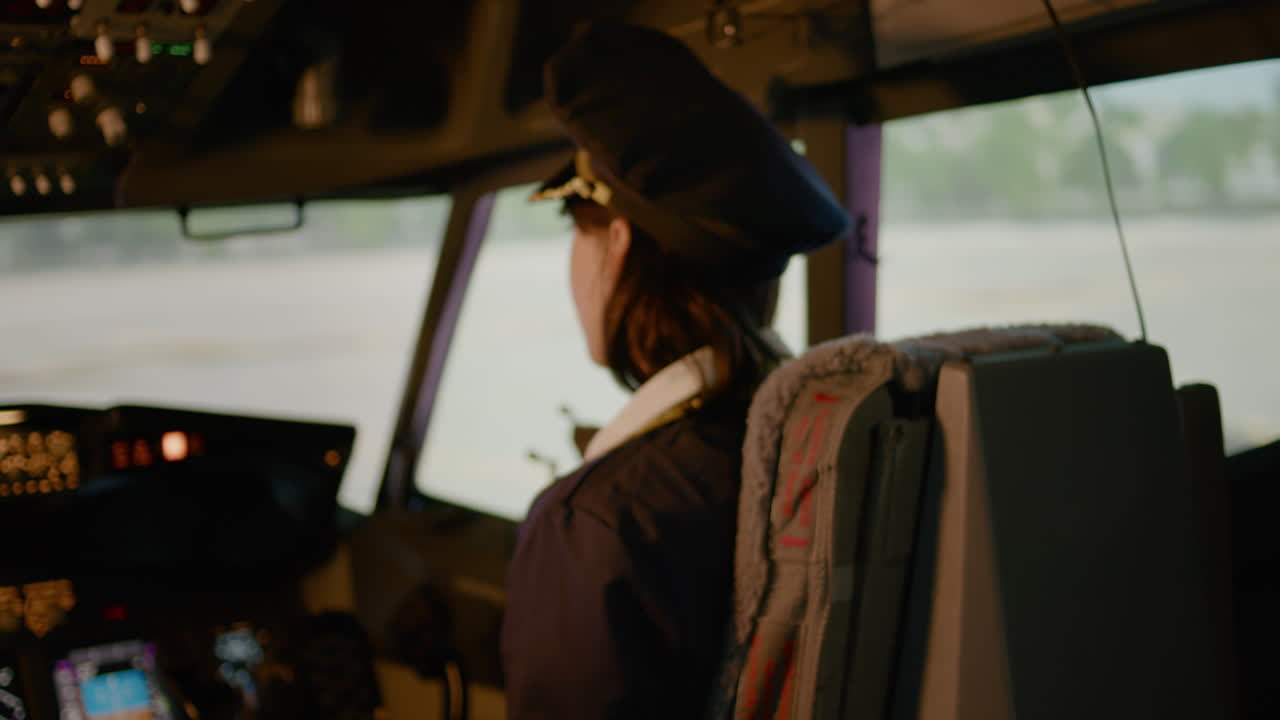 Portrait of aviation copilot using control panel command in cockpit