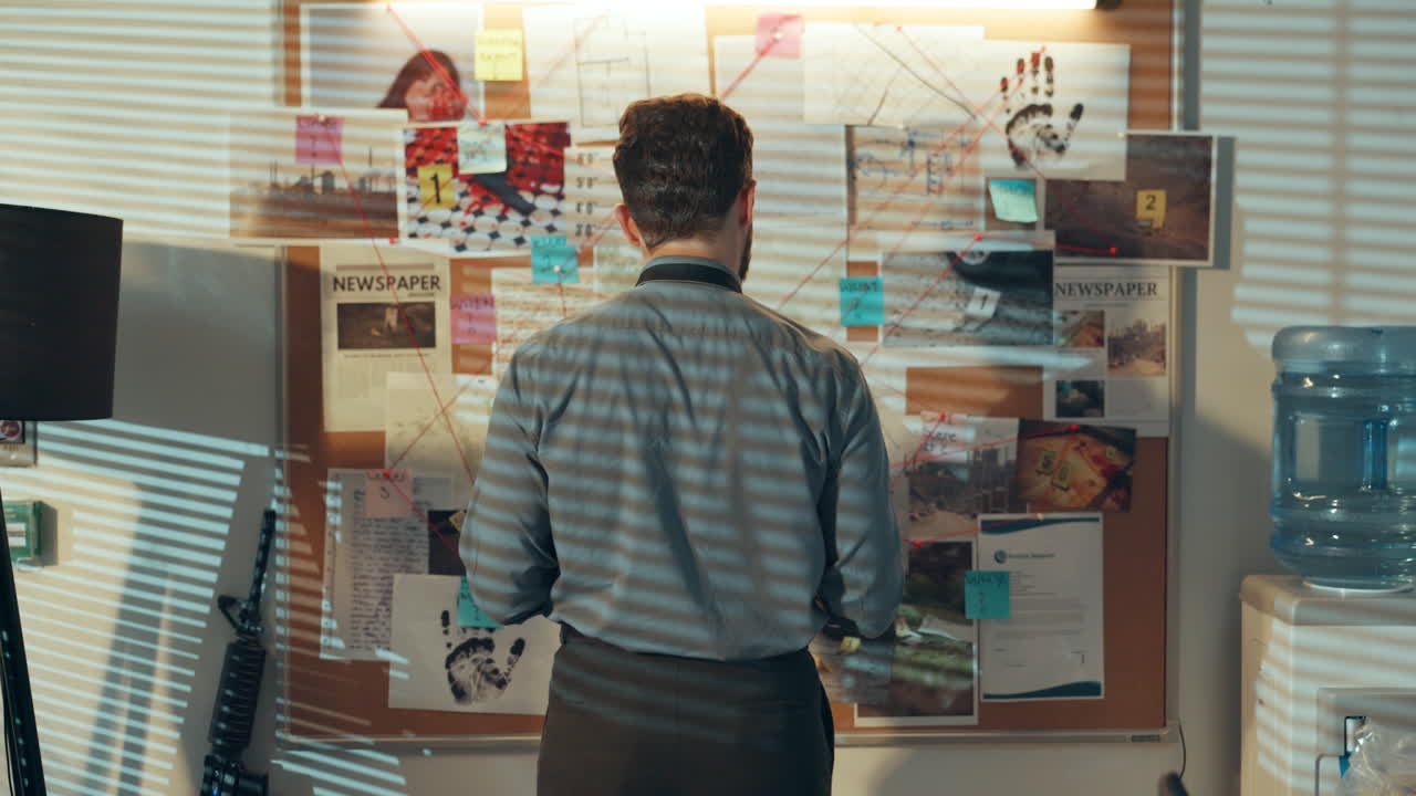 Detective Investigating Crime with Evidence Board