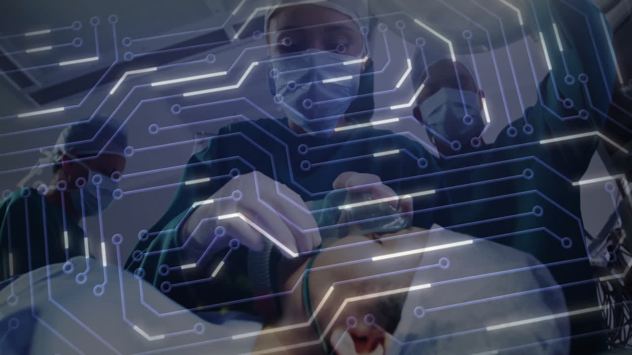 Surgical team scanning chest with ultrasound probe, overlaying glowing circuit-board graphics