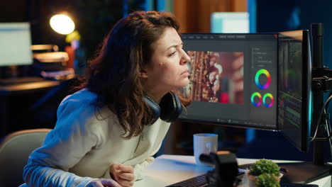 videógrafo feliz creando efectos visuales para proyectos de video, orgulloso de los resultados