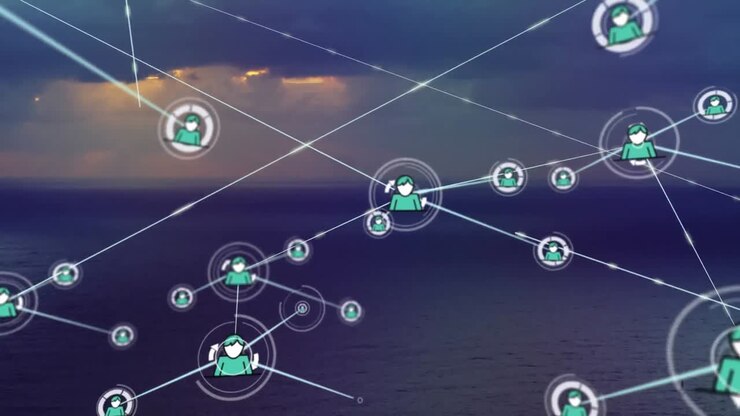 Animation of networks of connections with icons over sea and sky