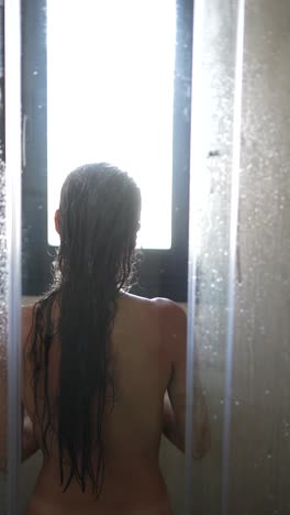 woman showering in bathroom