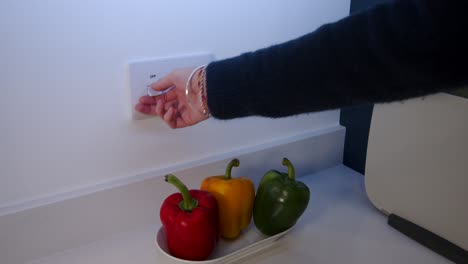 modelo femenino encendiendo y apagando un interruptor de cocina blanco en una cocina