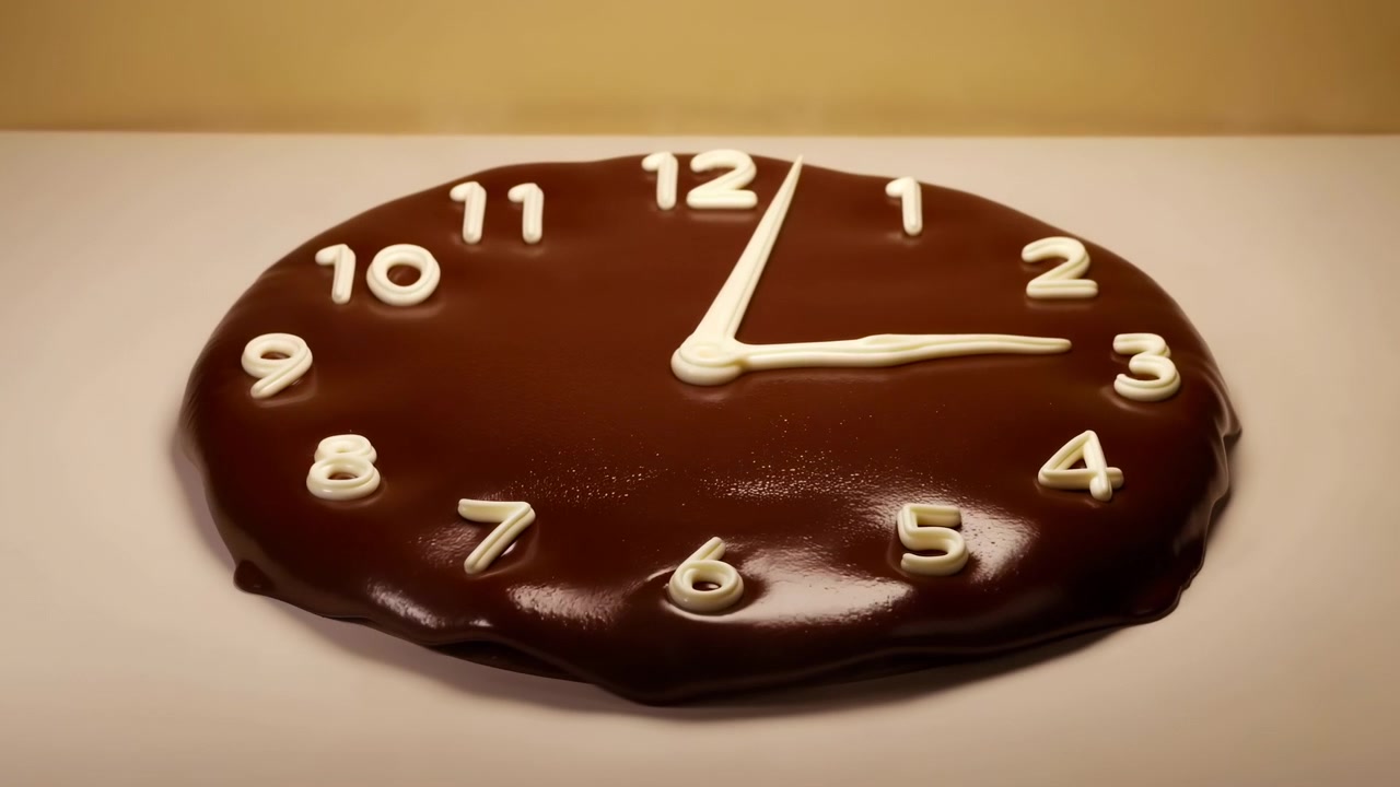 Round dessert styled like clock, coated in glossy dark chocolate with slightly melted rim, raised white chocolate numerals, and piped hands, resting on pale tabletop under soft studio light with