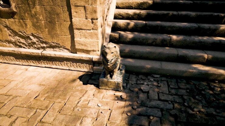 Leão guardião de pedra vigia os degraus de um templo antigo banhado pela luz do sol