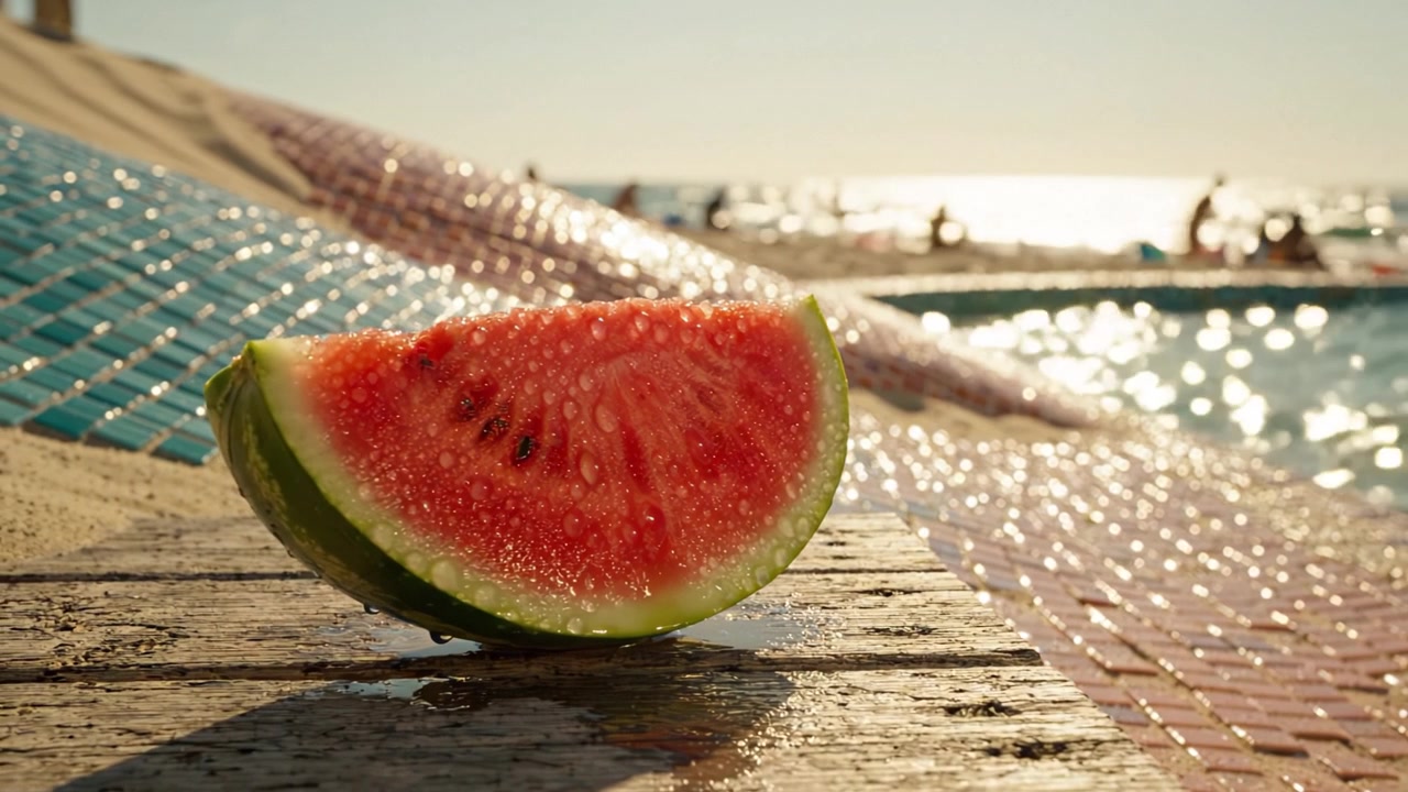 Beatitudine estiva: una rinfrescante fetta di anguria appoggiata su una vivace superficie a mosaico vicino all'oceano scintillante sotto una luce solare dorata in spiaggia.