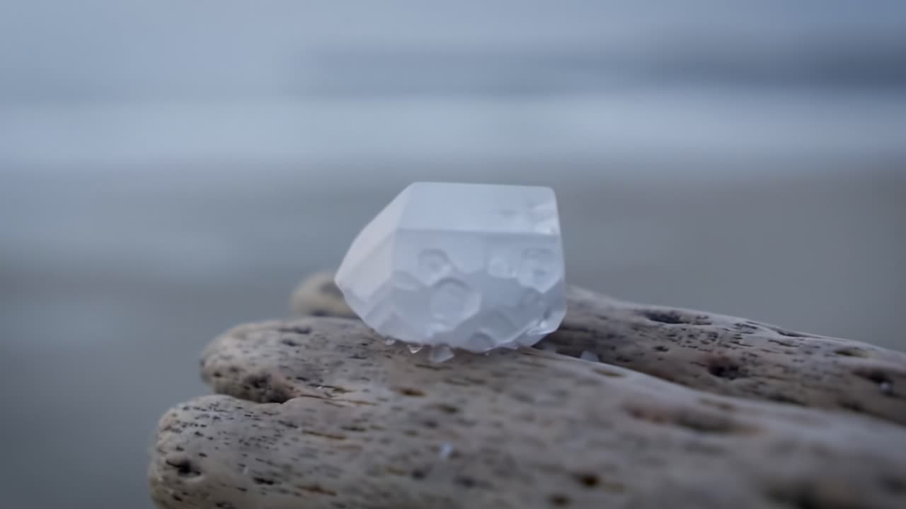 A Stunning Close-Up View of a Translucent Crystal on a Weathered Driftwood Surface Against a Serene Beach Background Highlighting Nature's Beauty