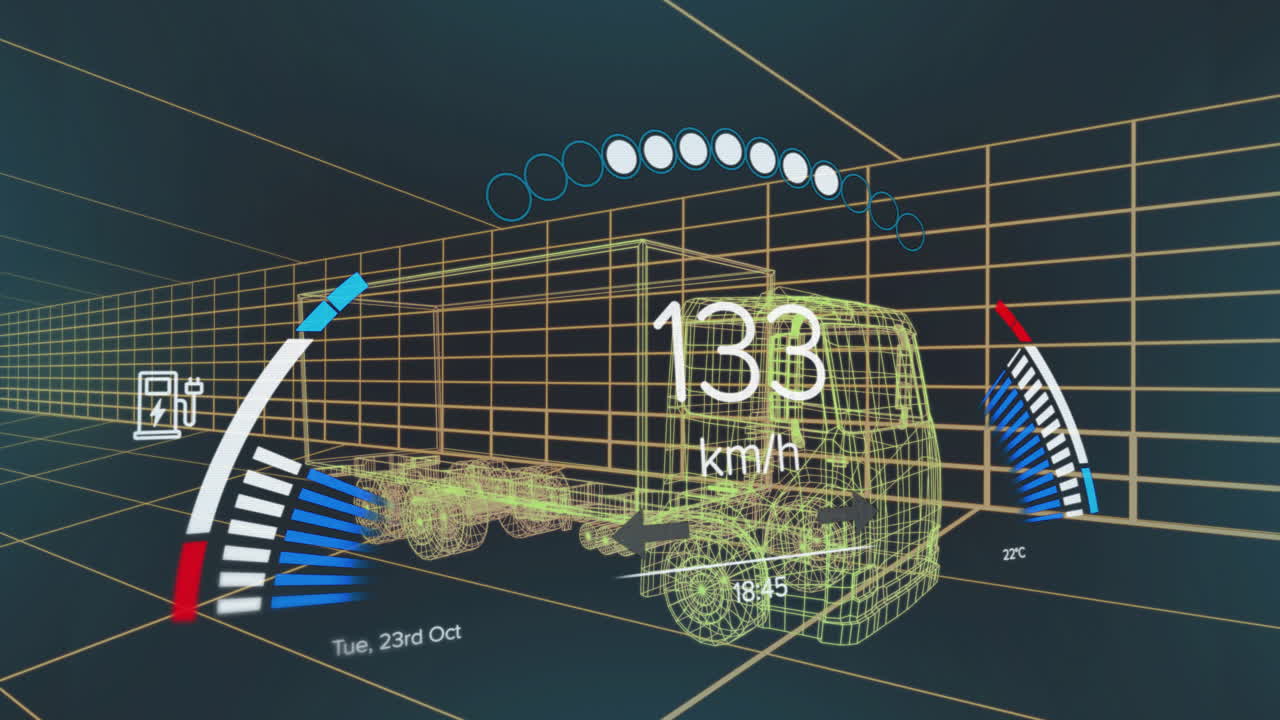 3D wireframe semi-truck moving through grid displaying speedometer, gauges, electric charging icon