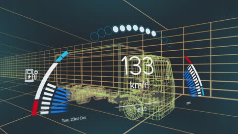 3d wireframe semi-truck moving through grid displaying speedometer, gauges, electric charging icon