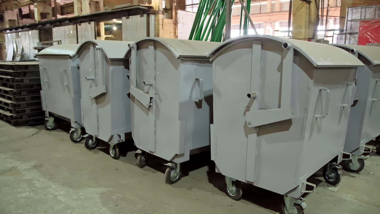 Lots of trash containers. New metal garbage containers in row