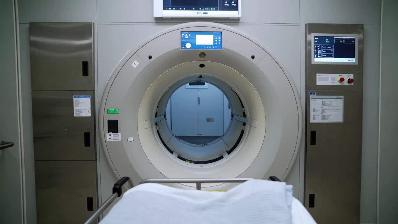 Carrello del paziente che avanza, rotolando nell'apertura della TAC in una sala di radiologia, con la console che avvia la scansione.